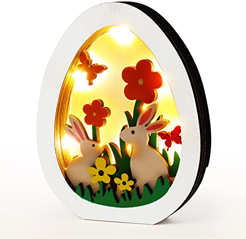 LOKIPA Easter LED Wooden Egg, Easter Wooden Egg LED Ornament, Wooden Egg Rabbit Crafts for Easter Home Decoration, 5*4.3*0.8inch