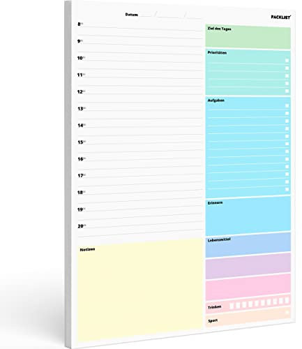 PACKLIST Tagesplaner Block A4, Zeitmanagement Planer - 52 Seiten Produktivitäts Planer für Aufgaben, Ziel des Tages, Prioritäten, Erinnern, Lebensmittel, Trinken, Sport & Notizen für zu Hause & Büro
