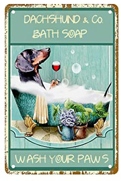 Cartel decorativo para el baño con texto en alemán Dachshund, diseño retro de perro salchicha, para baño, jabón, lavar tus paws, vintage, cartel de metal, personalizado, baño, decoración de pared