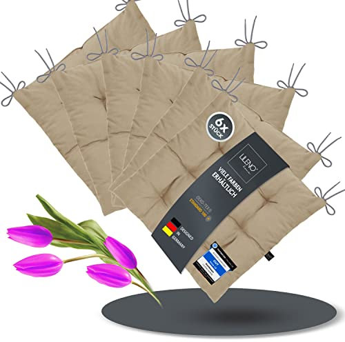 LILENO HOME 6er Set Stuhlkissen 14 Hellbraun (40x40x6 cm) - Sitzkissen für Garten, Küche oder Esszimmer - UV-beständige Indoor u. Outdoor Stuhlauflage als Stuhl-Kissen (Linda FUM)