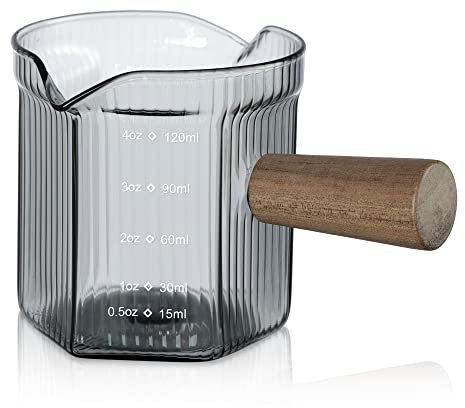 Joeyan Small Grey Coloured 120ml Double Spouts Measuring Cup with Wood Handle, Mini Milk Espresso Shot Glasses, Little Borosilicate Glass Triple Pitcher with Scale