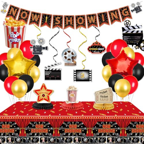 Filmabend-Dekorationen, inklusive Banner, hängende Wirbel, Tischdecke, Tisch-Waben-Mittelstücke für Filmabend, Party, roter Teppich, Geburtstagsparty-Zubehör