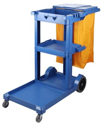 Chariot de Ménage Professionnel Commercial Chariot de lavage à 2 niveaux en Plastique avec Sac à Déchets (Blue)