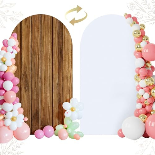 OurWarm Holzbogenabdeckung, Holzmaserung und Weiß, 2-in-1 Rundbogen-Hintergrundabdeckungen, Spandex-Bogen, dehnbarer Hintergrund, Stoff für Geburtstagsparty, Babyparty, Hochzeit, Bogenständer,