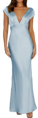 Halfisland Damen-Sommer-Maxikleid aus Satin, V-Ausschnitt, Flügelärmel, rückenfrei, elegant, gedrehter Ausschnitt, Midi-Kleid, Hochzeitsgäste, Blau, Klein