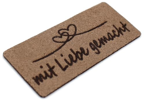 VmG-Store 10x Labels zum Aufnähen Stoff Etiketten aus Wildleder Optik Tags Textiletiketten für Kleidung und Applikation (mit Liebe gemacht (SetES13), 10er Set)