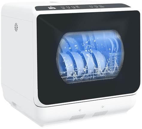 HOMCOM Table Top Dishwasher, Mini Countertop Dishwasher with Built-in 6L Water Tank, 6 Programs, Touch Control, LED Display, 4 Place Settings, Dual Water Supply and Fruit Wash Mode, White