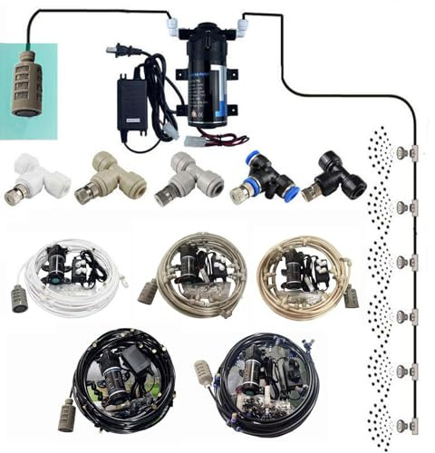 QIPN Sprühnebel Kühlung Set mit Pumpe, Kühlsystem für den Außenbereich, Outdoor Misting System mit Messing Nebeldüsen, DIY-Pflanzenbewässerungs-Set Garten Gewächshaus Pavillon Wasserzerstäuber