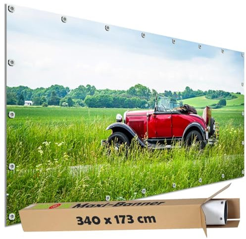 TRIOSK Sichtschutz Garten Dekoration Plane groß mit Motiv Auto Roadtrip Oldtimer Rot Motivbanner Blickdicht für Terrasse Zaun Gartenzaun Gartenposter PVC Zaunblende 340x173 cm