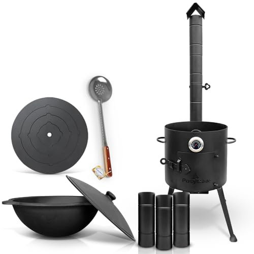Feuerofen Ø 36 сm mit Thermometer Verlängerungsrohr und Herdplatte 4 Ringe 40 cm Gusseisen Kazan 10 L runder Boden mit Deckel Ø 36,7 cm Schaumlöffel für Plov Казан Учаг (Set 542)
