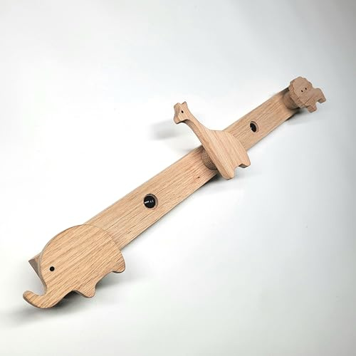 ScandiHooks Kinder Garderobe aus massivem Eichenholz, Afrikanische Tiere, Wandgarderobe, Hakenleiste, Bilderleiste, Kinderzimmer, Flur Eingang, Safari, Löwe, Elefant, Giraffe