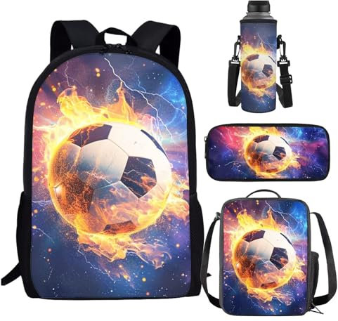 SCRAWLGOD Rucksack für Schule, Mädchen, mit Lunchbox, Kinder-Büchertasche, Lunchbox, Federmäppchen, Wasserflaschenträger, Galaxy Soccer Fire, Einheitsgröße