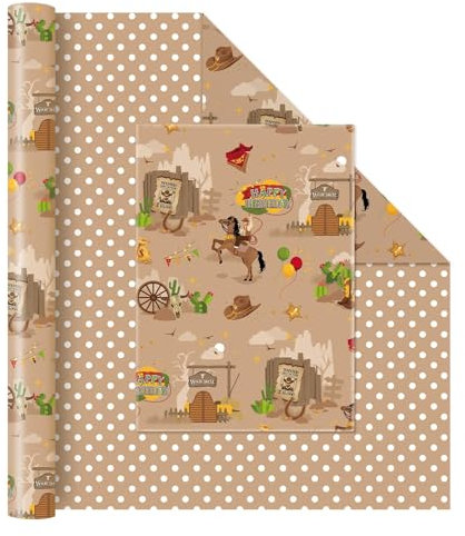 WERNNSAI Western Wende Geschenkpapier – 43 cm x 10 m Western Cowboy Geburtstags Geschenkpapierrolle für Jungen Wilder Westen Pferde Geschenkpapier für Geburtstag Feiertags Westwelt Packpapier