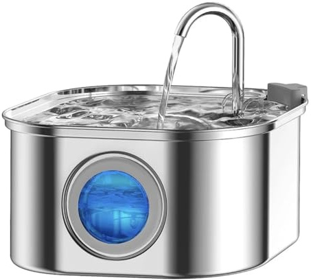 Katzenbrunnen Edelstahl, 3.2L Trinkbrunnen für Katze, Mit USB Anschluss, Super leise Katzen Trinkbrunnen mit Wasserstandsfenster, Katzenbrunnen für Katzen, Wasserhahn-Design mit LED Licht, Spülmaschin