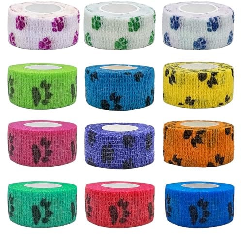 VIEKIER 12 Rollen Selbsthaftende Bandage Tierverband Selbstklebend Hund Vet Wrap Pet Selbstklebender Verband für Finger Handgelenk,Knie,Knöchelverstauchungen und Schwellungen 2.5cm x4,5 m