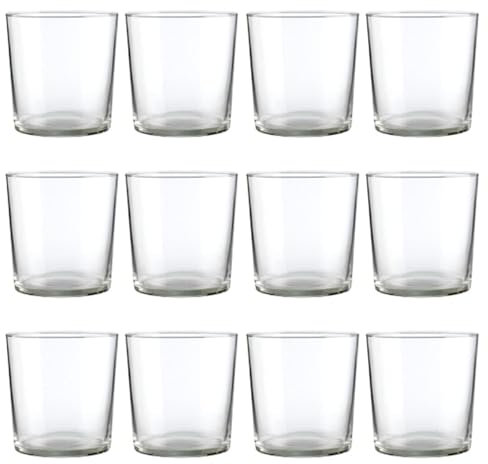 Tradineur - Caja de 12 Vasos Modelo Pinta - Capacidad de 355 ML - Fabricado en Vidrio Resistente - Apto para lavavajillas - Tamaño Aprox: Ø 8,3 x 8,8 cm - 12 Uds Total.