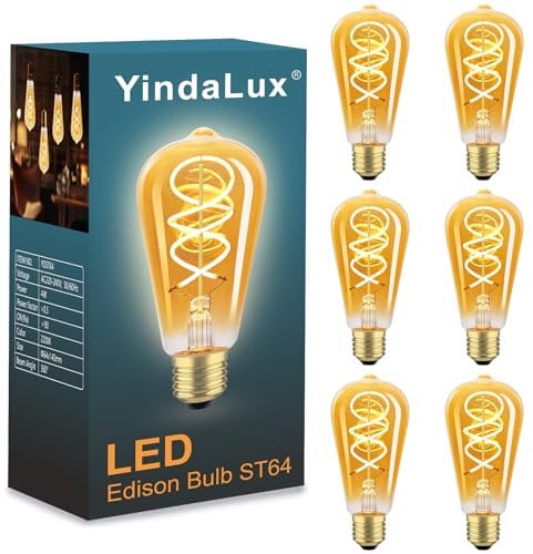 YindaLux Glühbirne E27 LED Warmweiss 2200K Filament Lampe Edison Vintage Leuchtmittel 4W Energiesparlampe Retro Birne Deko für Haus Café Bar 6er ST64 Nicht Dimmbar