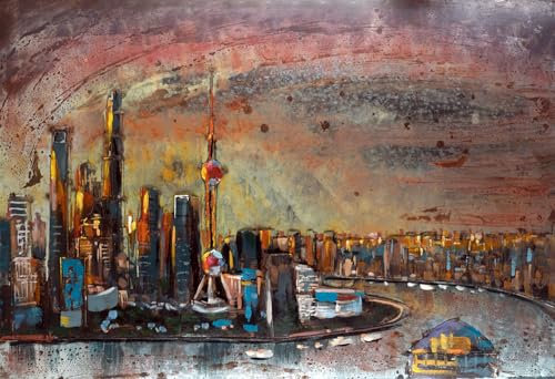 Handgefertigtes Metallbild Dubai Skyline Nacht ca. 117x77 cm Kunst Bild 3D-Optik Wandbild