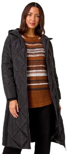 Roman Originals Padded Coat For Women UK - Ladies Longline Puffer Winter Quilted Parka Waterproof Rainproof Wind Resistant Thermal Jacket Long Length Warm Zip Hood Puffa Cosy - Noir - Size 18