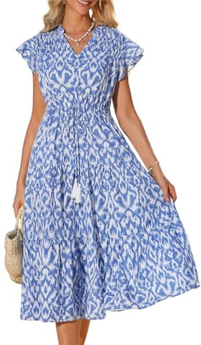 GRACE KARIN Women's Summer Floral Tiered Midi Dress Ruffle Short Sleeve V Neck A Line Long Maxi Wedding Flowy Dress with Pockets Blue and White XL