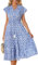 GRACE KARIN Women's Summer Floral Tiered Midi Dress Ruffle Short Sleeve V Neck A Line Long Maxi Wedding Flowy Dress with Pockets Blue and White XL