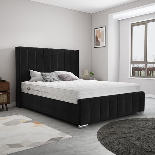 PioneerfurnitureUK Wing Panel Ottoman Storage Bed Gas Lift,Black Plush Velvet Upholstered Bed Frame - 5ft king ottoman bed frame black, black Wing 5ft king ottoman