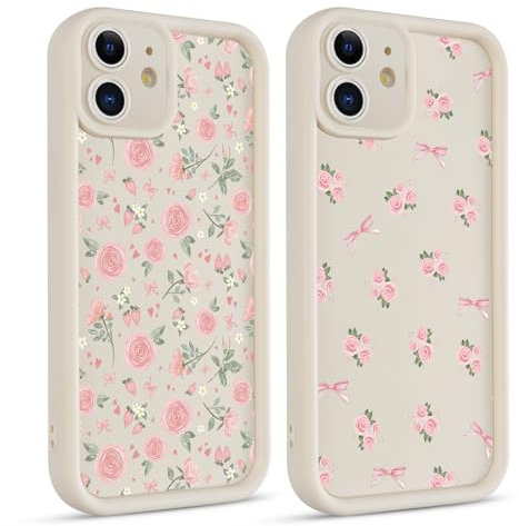 Coiwxmoi 2 Stück Handyhülle für iPhone 12 Hülle, Aesthetic Blumen Flower Muster Design Mädchen Frauen Schutzhülle, Silikon Stoßfest Cover Erhöhte Displayränder Case für iPhone12 6,1, Rosa