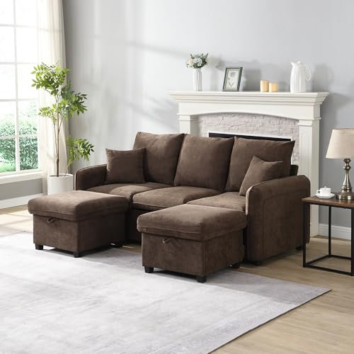 Arhatreya 3 Sitzer Sofa U-Form Gästesofa Modern Couch, 3er Ecksofa mit Großen Schubladen und Hocker, Polstersofa für Wohnzimmer, Wohnung, Buro, Chenillestoff, Braun
