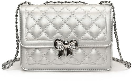 JANSBEN Klein Umhängetasche Damen - Gesteppte Handtasche Leder Schultertasche mit Kettenriemen Mehrere Fächer Clutch Tasche Crossbody Handytasche Silber