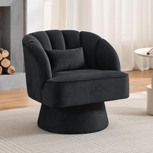 OPULENTHOME Moderner Drehsessel, 360 Grad Samt gepolsterter Sessel mit gestreifter Rückenlehne & Plüschpolsterung, bequemer runder Sessel für Wohnzimmer, Schlafzimmer, Leseecke, Schwarz