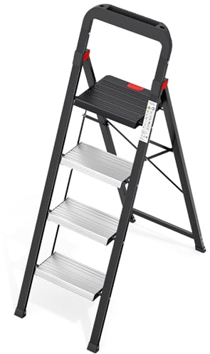 Urackify Scaletta 4 Gradini in Alluminio con Vassoio per Attrezzi, Sgabello Pieghevole, Scala piccola pieghevole, Cap 150kg per Adulti, Scalini Pieghevoli Leggeri e Portatili per Casa, Cucina, Garage