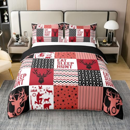 feelingyou Deer Patchwork 100% Natur Baumwolle Bettdecke Abdeckung S Größe,Essen Schlaf Jagd Theme Deckbeckung mit 1 Kissenbezug,Abenteuer Weiß Rot Schwarz Gitter Ästhetische Bettwäsche Set