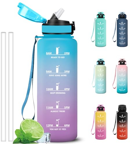 Grsta Gourde 1,5l, Anti Fuite Gourde Sport, Gourdes Graduée pour 1 Journee avec Marqueur de Temps, Verrou de Sécurité, Bouteille Motivation avec Paille pour Plein Air, Velo, Cyclisme