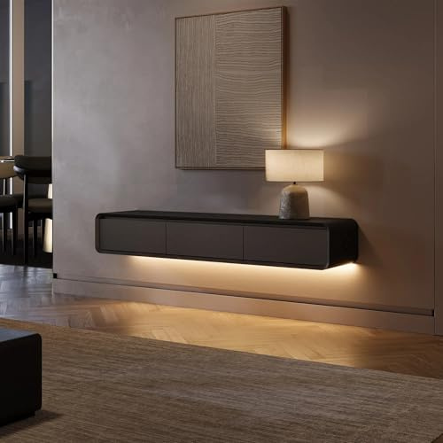 POVISON TV Schrank Schwebend 160cm mit LED Schwarz Modern Walnussholz | Massivholz, 3 Schubladen, TV Lowboard Hängend, Kabelmanagement, Komplettmöbel mit Stauraum für Wohnzimmer