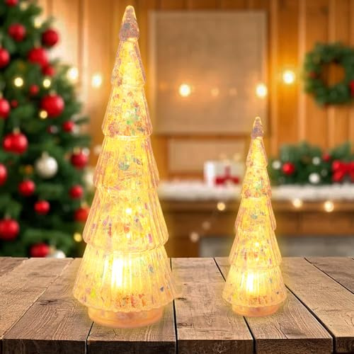 Kleiner Weihnachtsbaum mit Beleuchtung, 2 Stück Mini Weihnachtsbaum, Acryl-Tannenbaum, LED Warmlicht, 23 Cm/15 Cm, Batteriebetrieben, für Familienfeiern, Fensterbänke, Wohnzimmer, Tischdekoration