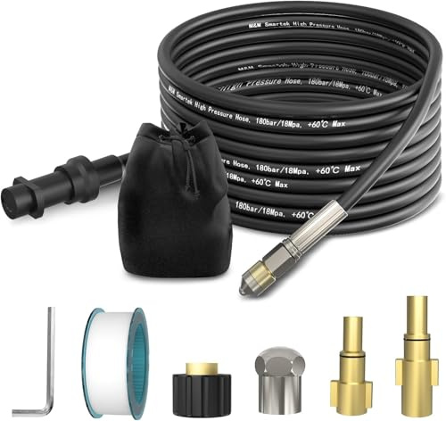 M&M Smartek Rohrreinigungsschlauch 10m, Universalset mit Box | Komplettset mit Adaptern, mehreren Düsen, Dichtband, Aufbewahrungsbox und Anleitung für verschiedene Hochdruckreiniger.