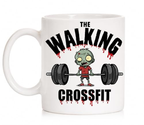 FUNNY CUP Taza de Café con Diseño Zombie CrossFit, Cerámica Blanca, Decoración de Gimnasio con Arte de Levantamiento de Pesas, Regalo para Deportistas