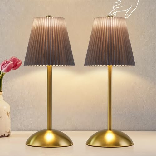 Nachttischlampe 2er Set Tischlampe Akku - LED Tischleuchte Kabellos Dimmbar | Touch Schlafzimmerlampe mit USB Stoff Lampenschirm Modern Design Nachttischleuchte für Schlafzimmer Küche