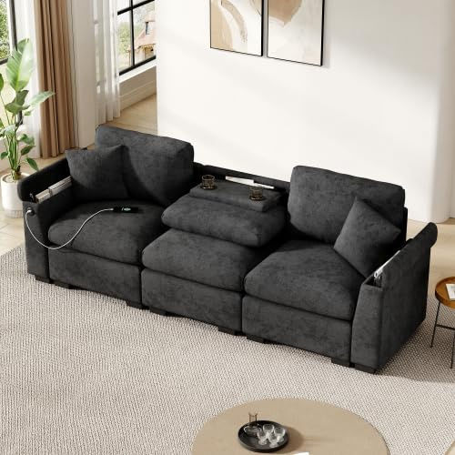 dowowdo Multifunktionales Sofa 3-Sitzer mit Klapptisch & USB-Anschluss, Chenille Bezug, Getränkehalter & Stauraum, für Heimkino & Wohnzimmer – Farbe: Grey