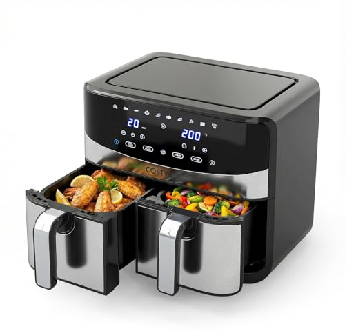 COSTWAY Air Fryer Double Panier 8L, Friteuse avec 2 Tiroirs, 10 Programmes, Combinaison Synchronisée, Écran Tactile Numérique, Air Chaud à 360°, 2100 W, Lavable au Lave-vaisselle, Noir + Argent