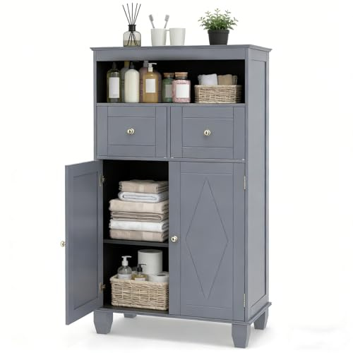 LIFEZEAL Badezimmerschrank, Freistehender Badschrank, Modern Hochschrank mit 2 Schubladen & Türen, offenem Fach, Aufbewahrungsschrank Holz für Badezimmer, Wohnzimmer, Küche, 56 x 30 x 108 cm (Grau)