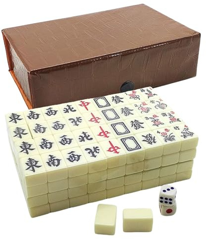 Kawiithn Mini Jeu de Mahjong Chinois, Jeu de Mahjong Portable avec 146 Tuiles, 2 Dés et étui de Transport, Jeux de société Traditionnels Chinois Mah Jong pour Les Loisirs en, Les Voyages, Temps Libre