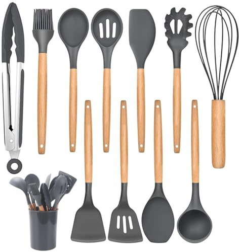 Kitchen Utensil Set, 12 PCS Silicone Cooking Utensils Set with Wooden Handle, Heat Resistant, Nonstick Cookware Tongs Spatula Spoon Set, Dishwasher Safe, Best Kitchen Tools (Grey)