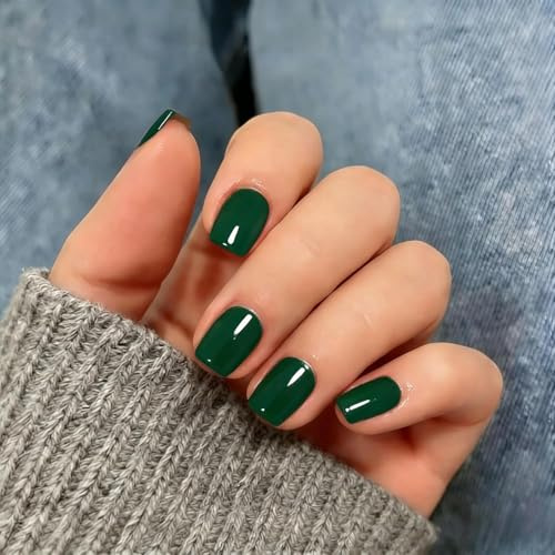 KQueenest Press On Nails Short Square, 30 Pcs 15 Sizes Emerald Green False Nails Short, Reusable Thick Fake Nails Press ons, Soft Gel Natural Stick on Nails for Women Everyday Elegance