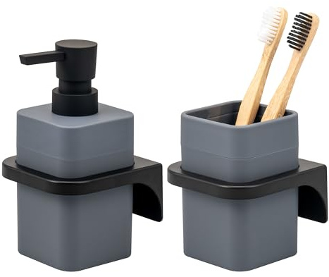 bremermann Badezimmer-Set Savona mit Soft-Touch Oberfläche inkl. Wandhalterung, eckiges Bad-Accessoires Set 2tlg. bestehend aus 1x Seifenspender und 1x Becher aus Kunststoff (Grau)