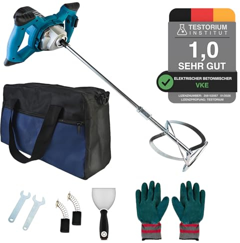 VKE Miscelatore per Malta 2200W, Cambioa 6 Marce con Borsa per il Trasporto | Max. 1200 giri/min con Pulsante di Velocità Fissa per Calcestruzzo, Malta, Fango, Vernice, Gesso e Stucco