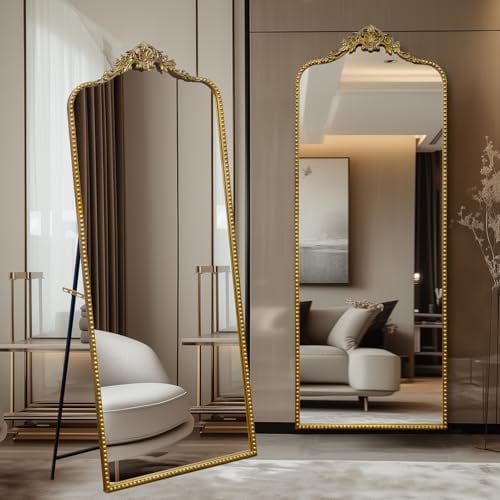 G-LEAF Barock Ganzkörperspiegel Gold 76x190 cm, Großer Standspiegel mit Perlenrand & Geschnitzter Krone, Bogenspiegel mit Verstellbarem Ständer, Wandspiegel Ankleidezimmer