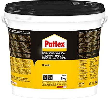 Pattex Bois Classic, colle à bois hautement résistante, colle vinylique pour montage, assemblage, placage ou contrecollage sur supports en bois, colle blanche, seau 5 kg