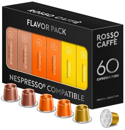 ROSSO CAFFÈ Capsules Nespresso 60 Pièces Café Aromatisé, 3 Variétés Premium Assortiment, Capsules Café compatibles Nespresso, compatible avec Machines Originales