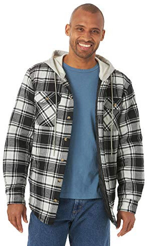 Wrangler Authentics Men s Long Sleeve Quilted Lined Flannel Shirt Jacket with Hood, Caviar With Black Hood, 3XL